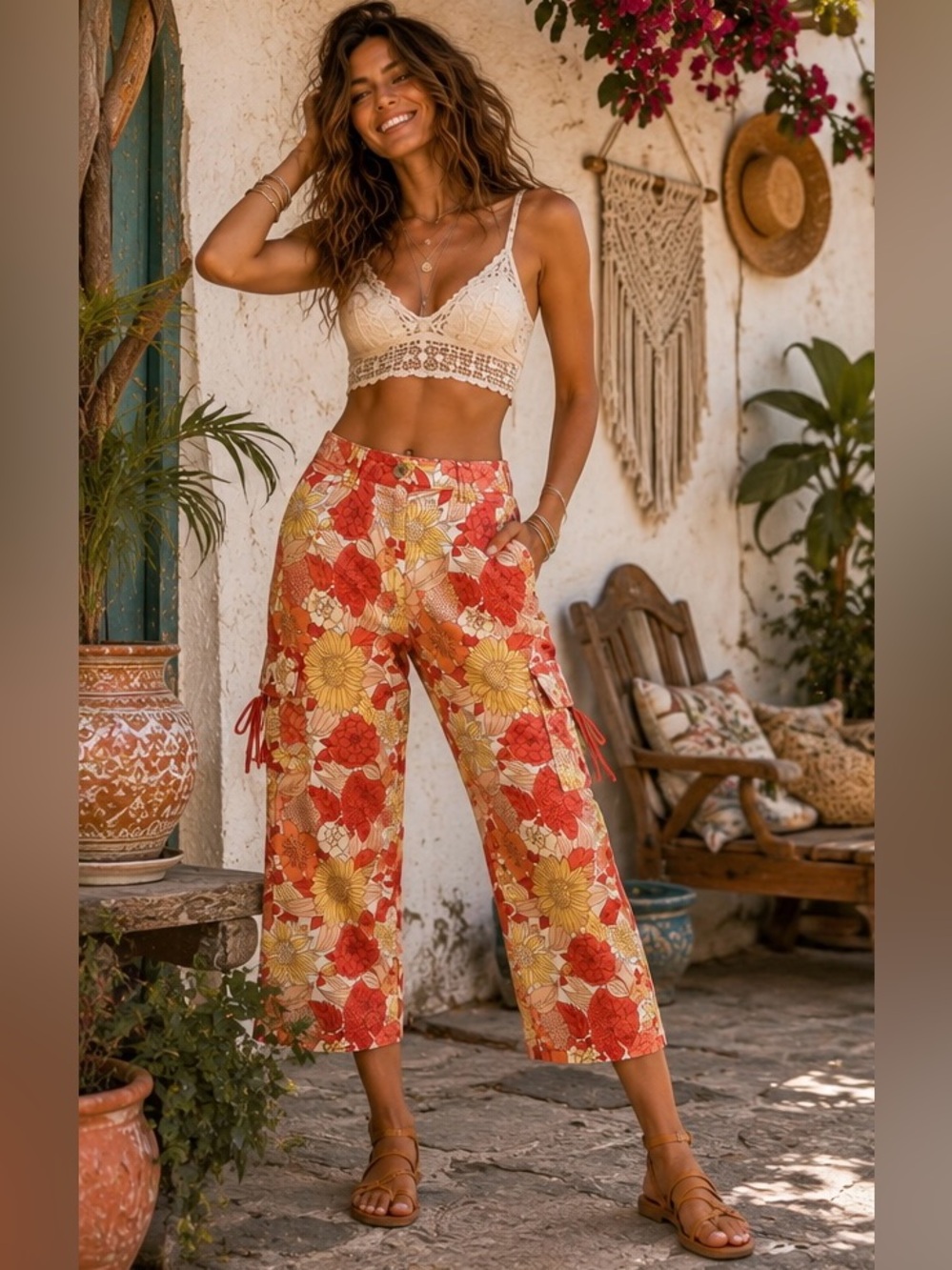 LOFT Floral Wide-Leg Crop Pants in Orange and Yellow